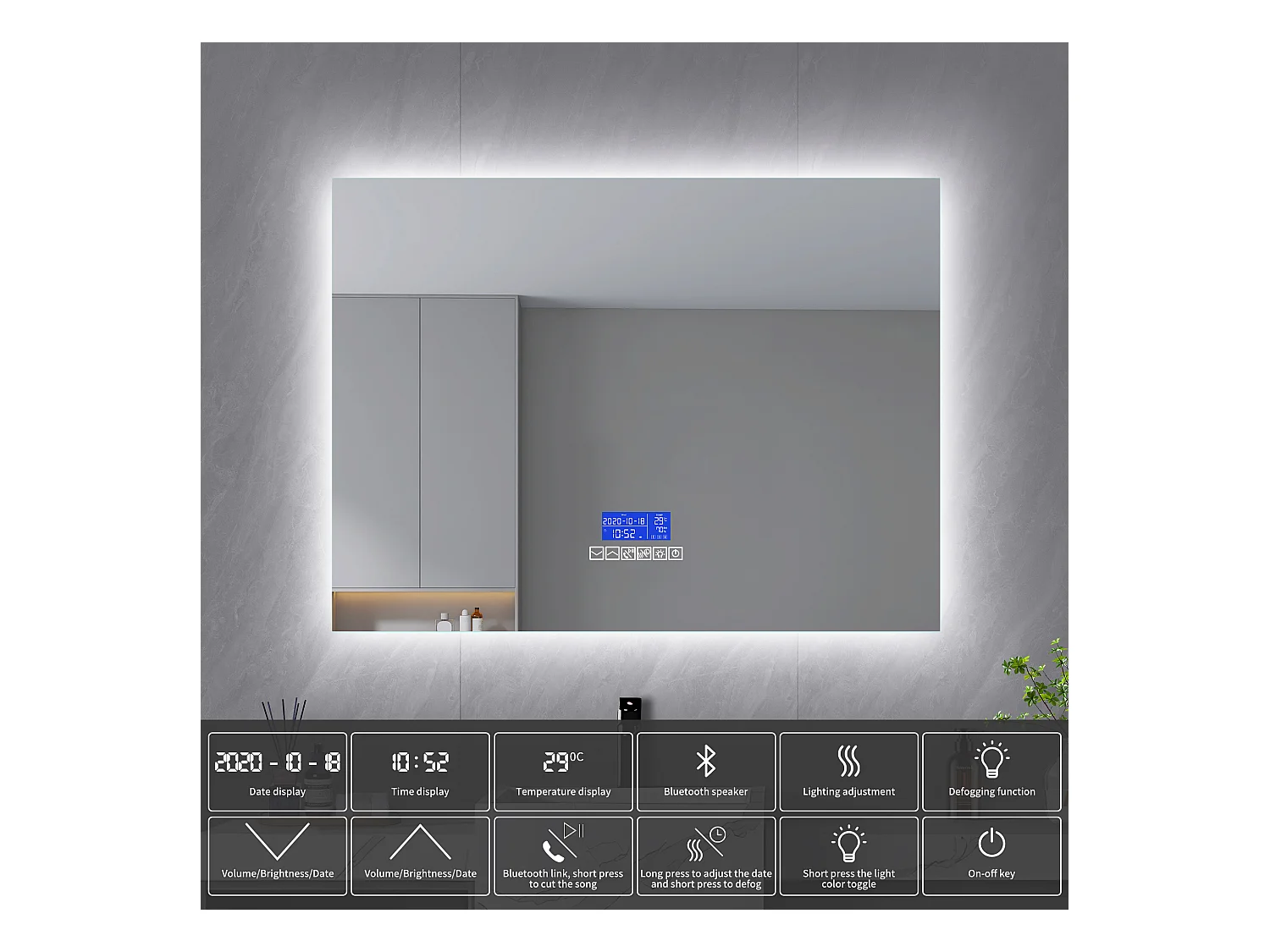 Espejo de baño con iluminación - 120 x 80 cm - Espejo de baño LED - con pantalla táctil, antivaho, Bluetooth, reloj, temperatura, regulable