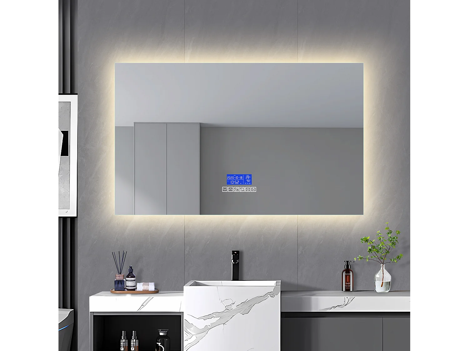 Espejo de baño con iluminación - 120 x 80 cm - Espejo de baño LED - con pantalla táctil, antivaho, Bluetooth, reloj, temperatura, regulable