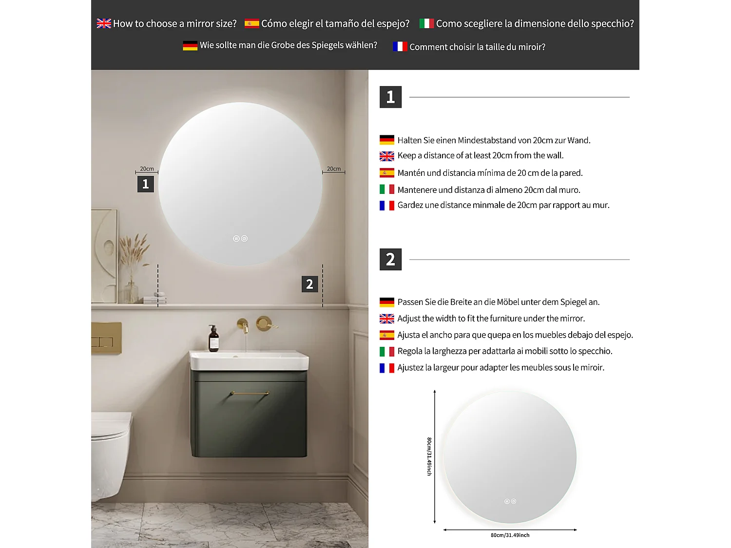 Badkamerspiegel met verlichting - Rond Ø80 cm - LED-badkamerspiegel - met anti-condens en 3 verwisselbare kleuren