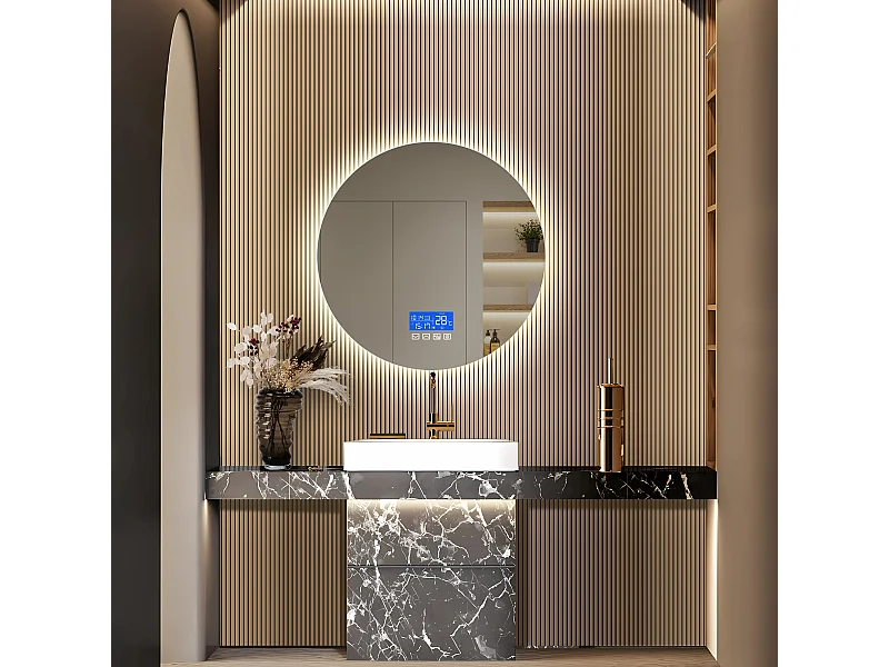 Espelho de Casa de Banho com Iluminação - Redondo Ø80 cm - Espelho de Casa de Banho LED - com Touch, Anti-fog, Relógio, Temperatura, Regulável