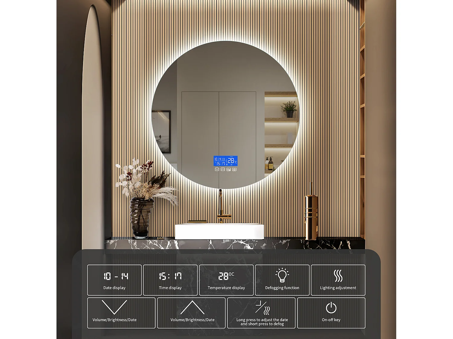 Espelho de Casa de Banho com Iluminação - Redondo Ø80 cm - Espelho de Casa de Banho LED - com Touch, Anti-fog, Relógio, Temperatura, Regulável