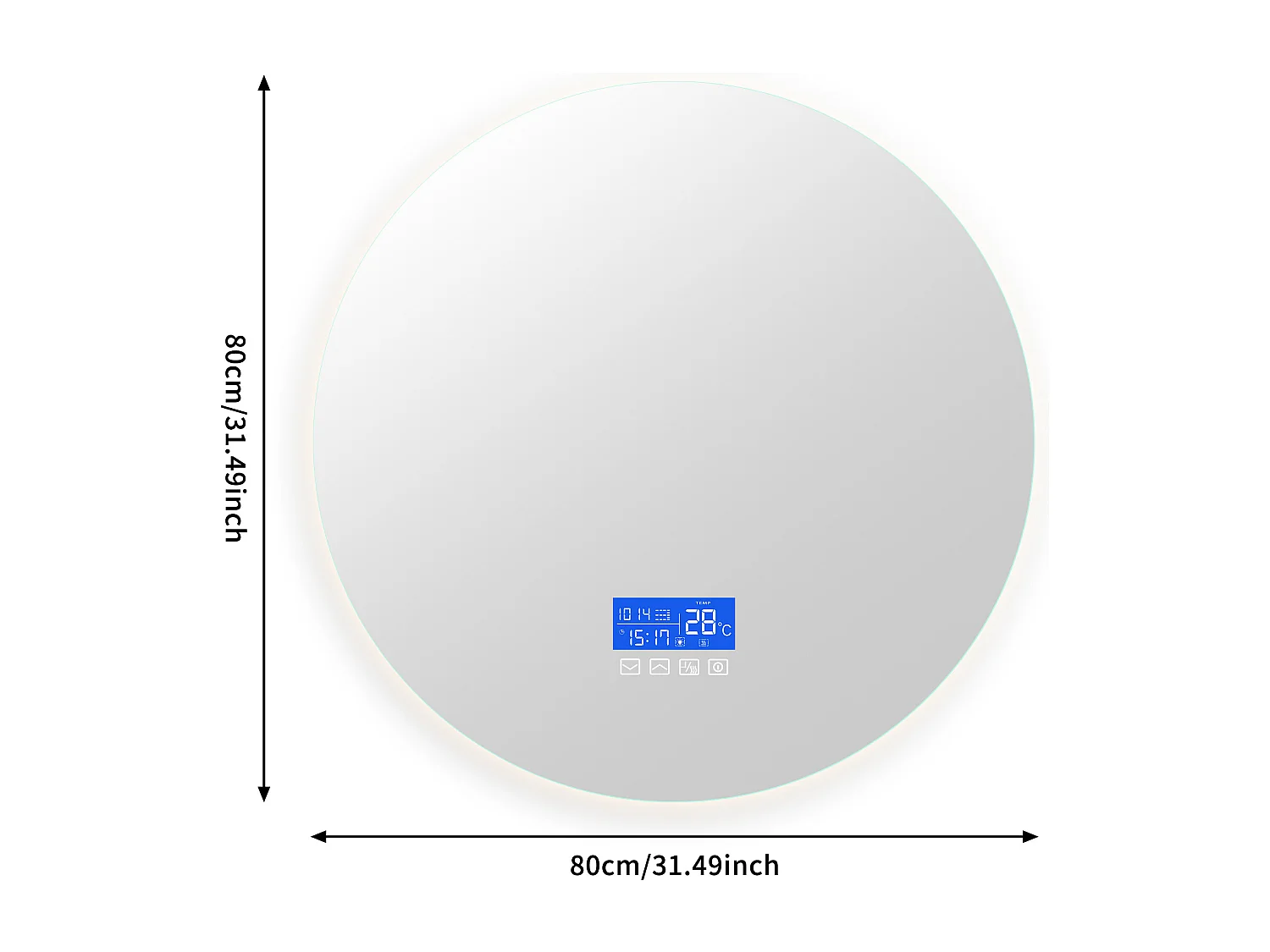 Espelho de Casa de Banho com Iluminação - Redondo Ø80 cm - Espelho de Casa de Banho LED - com Touch, Anti-fog, Relógio, Temperatura, Regulável