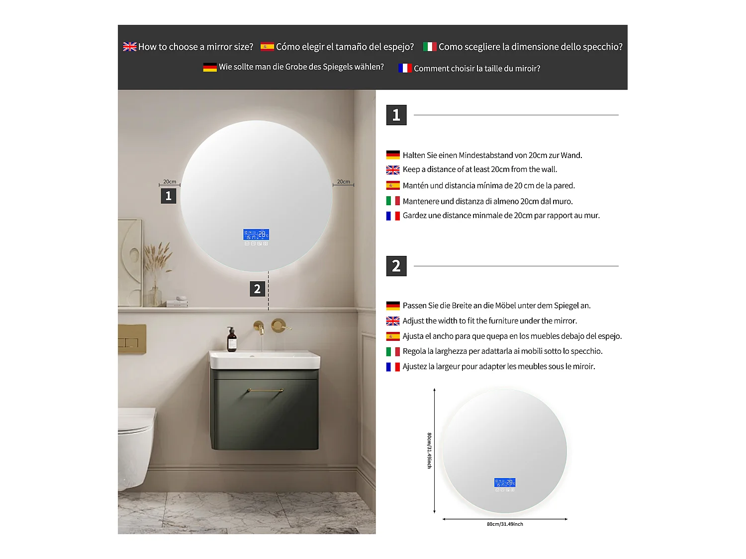 Badkamerspiegel met verlichting - Rond Ø80 cm - LED-badkamerspiegel - met Touch, Anti-condens, Klok, Temperatuur, Dimbaar