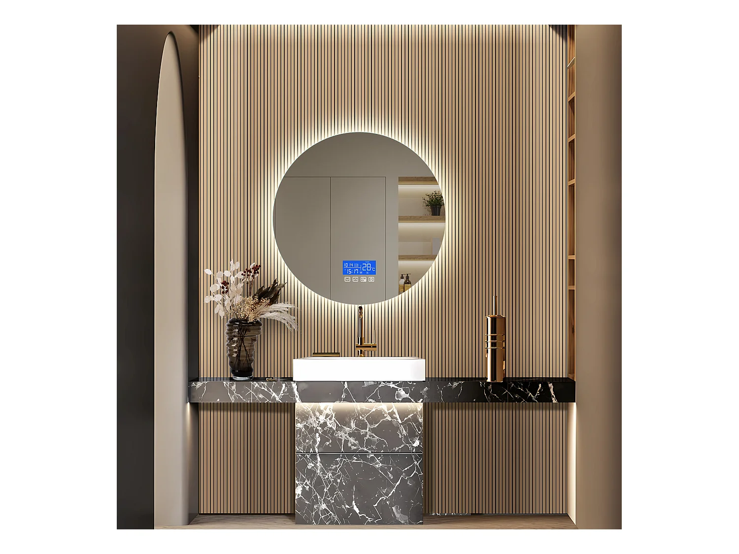 Badkamerspiegel met verlichting - Rond Ø80 cm - LED-badkamerspiegel - met Touch, Anti-condens, Klok, Temperatuur, Dimbaar