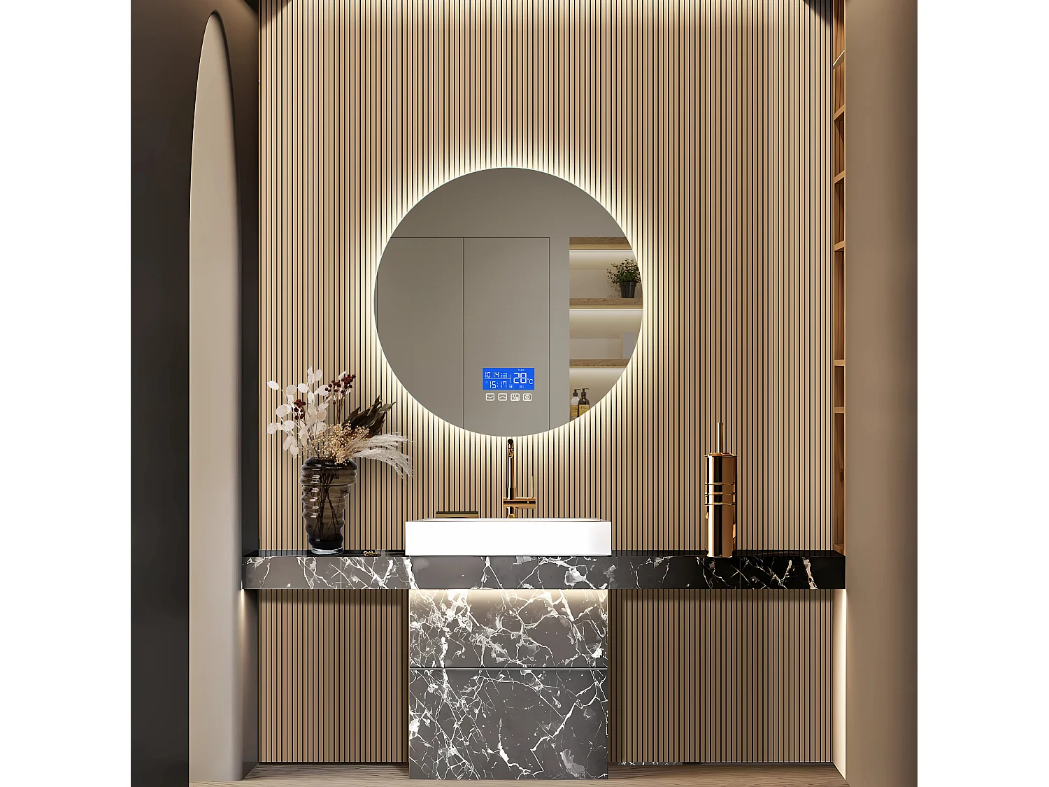 Badkamerspiegel met verlichting - Rond Ø80 cm - LED-badkamerspiegel - met Touch, Anti-condens, Klok, Temperatuur, Dimbaar