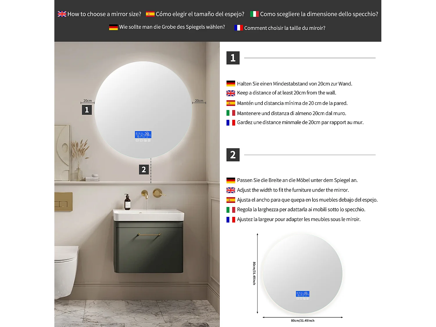 Badkamerspiegel met verlichting - Rond Ø80 cm - LED-badkamerspiegel - met Touch, Anti-condens, Klok, Temperatuur, Dimbaar