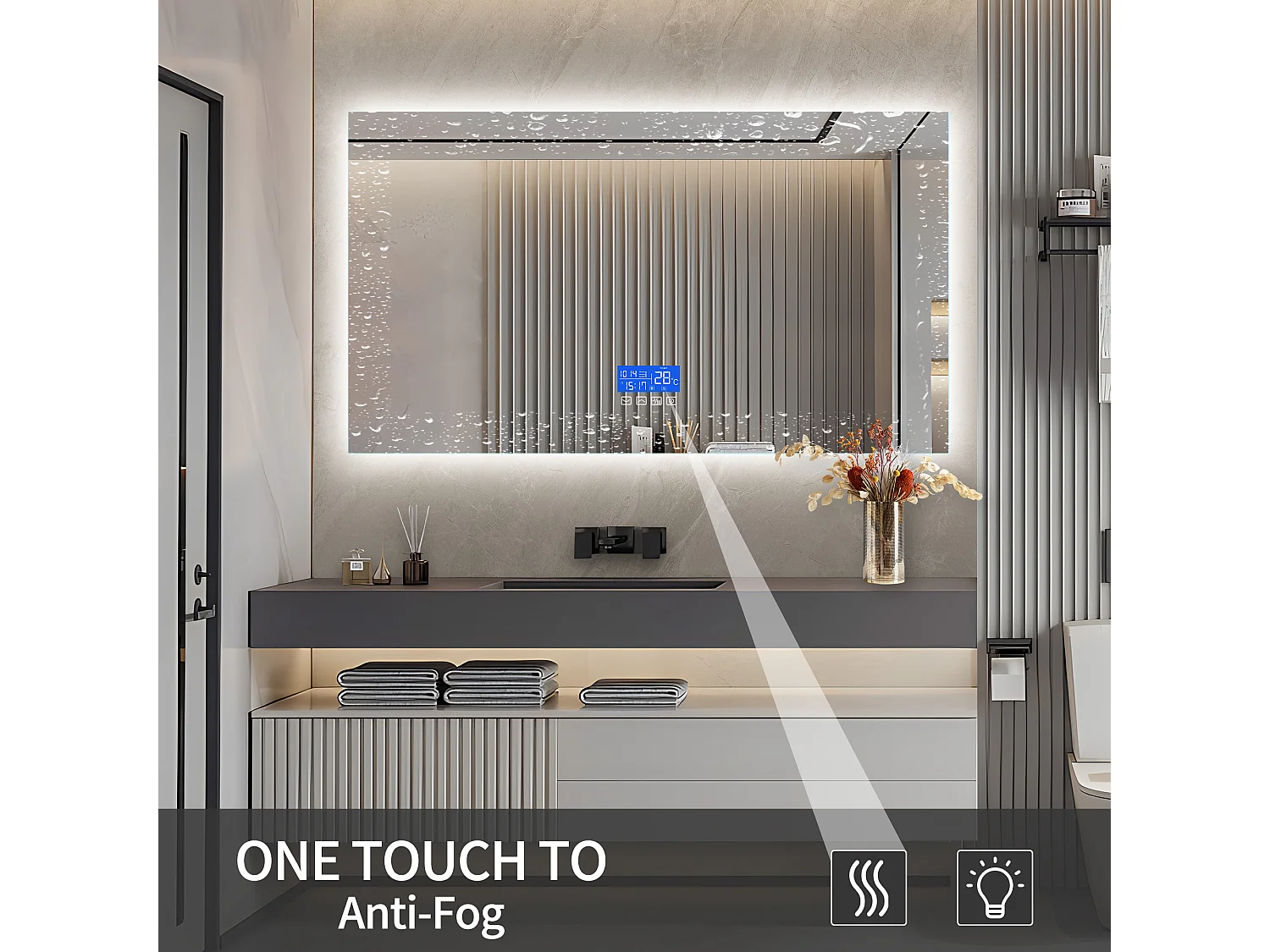 Espejo de baño con iluminación - 120 x 60 cm - Espejo de baño LED - con toque, antivaho, reloj, temperatura, regulable