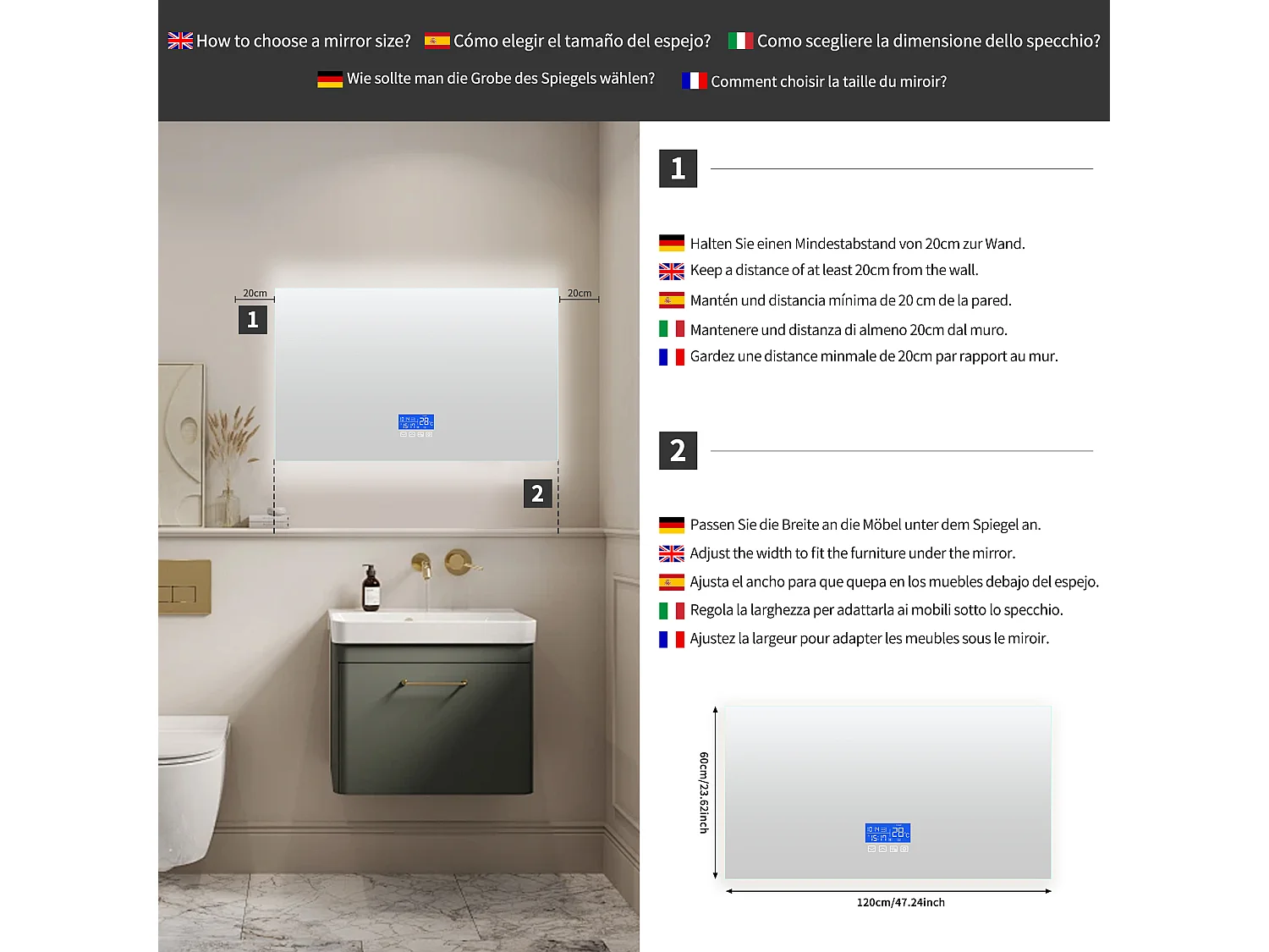 Espejo de baño con iluminación - 120 x 60 cm - Espejo de baño LED - con toque, antivaho, reloj, temperatura, regulable