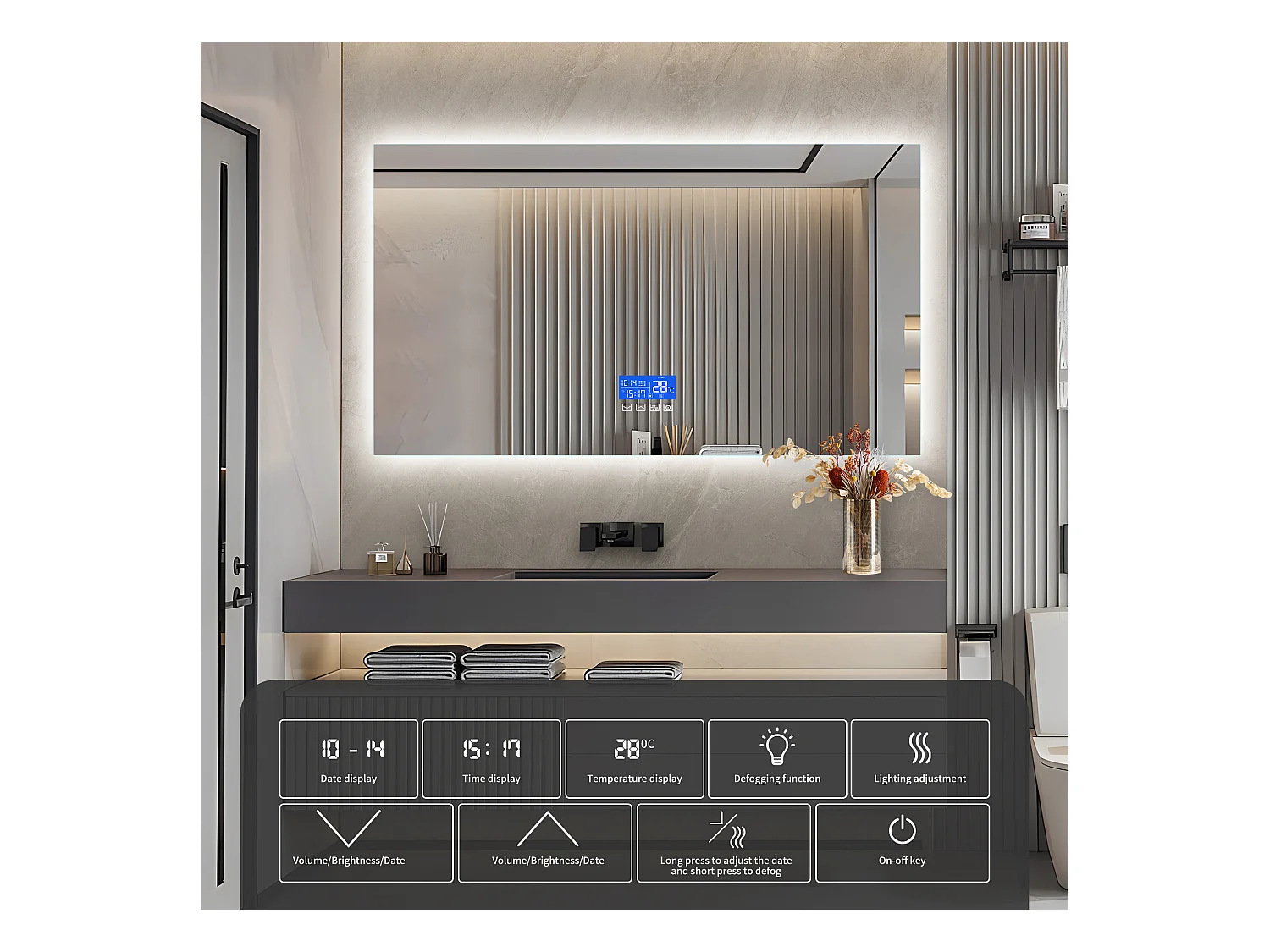 Miroir Salle de Bain avec Éclairage - 120 x 60 cm - Miroir LED Salle de Bain - avec Tactile, Anti-buée, Horloge, Température, Dimmable