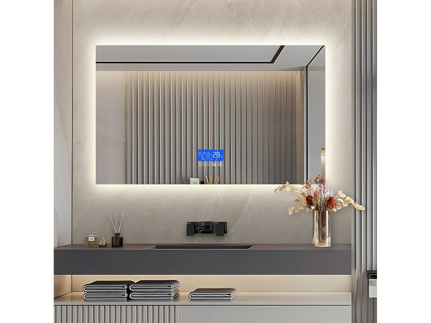 Miroir Salle de Bain avec Éclairage - 120 x 60 cm - Miroir LED Salle de Bain - avec Tactile, Anti-buée, Horloge, Température, Dimmable