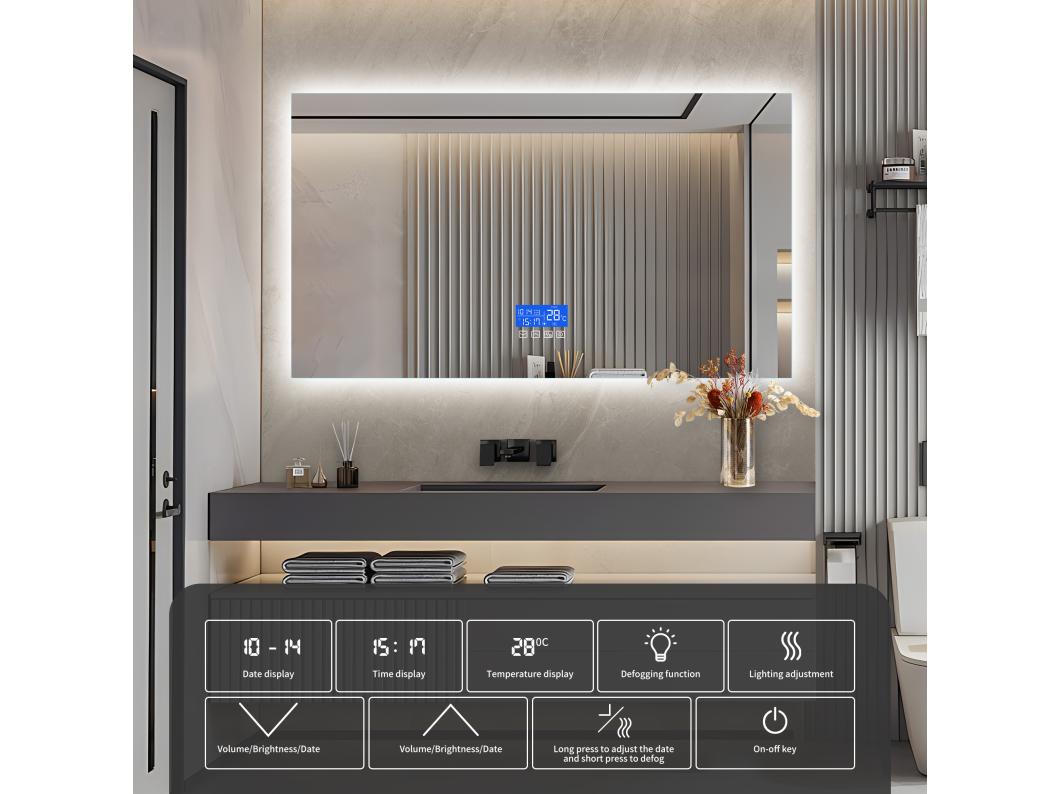 Espelho de Casa de Banho com Iluminação - 120 x 60 cm - Espelho de Casa de Banho LED - com Toque, Anti-embaciamento, Relógio, Temperatura, Regulável
