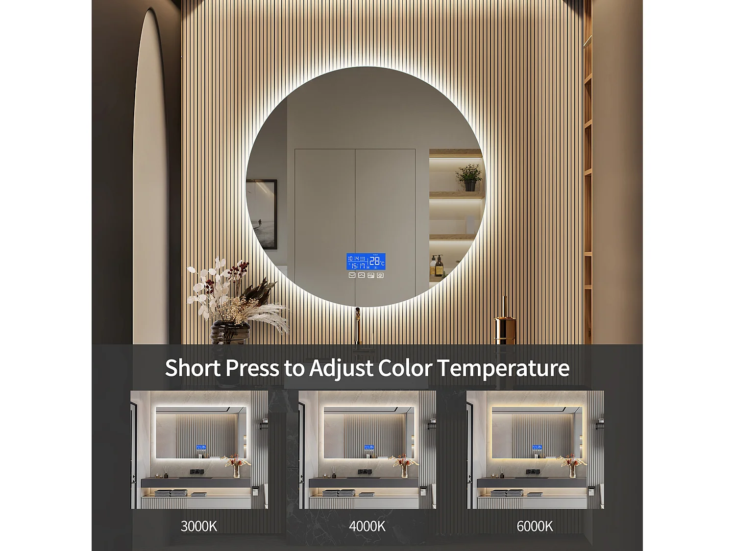 Espelho de Casa de Banho com Iluminação - Redondo Ø60 cm - Espelho de Casa de Banho LED - com Touch, Anti-fog, Relógio, Temperatura, Regulável