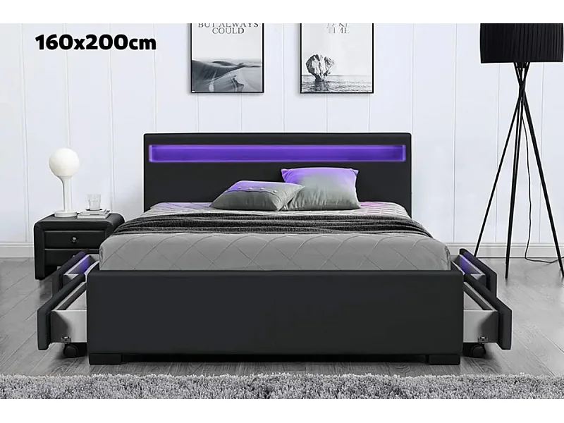 Lit adulte 160x200 cm TIROIRS et LED sommier inclus noir