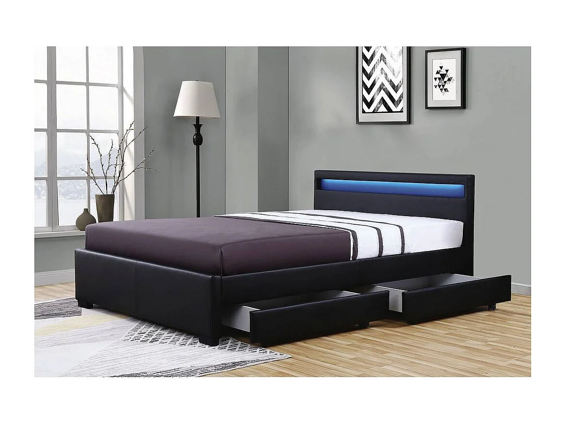 Lit adulte 160x200 cm TIROIRS et LED sommier inclus noir