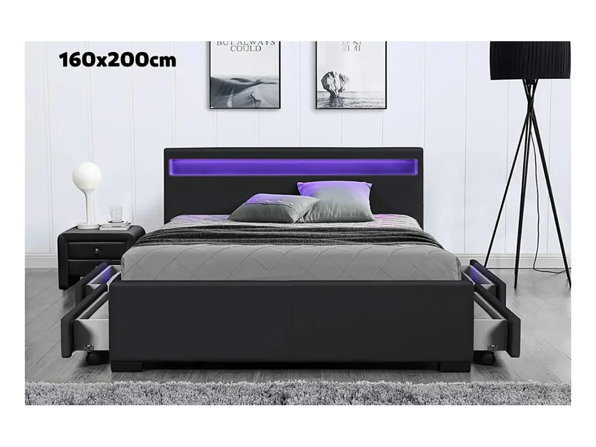 Lit adulte 160x200 cm TIROIRS et LED sommier inclus noir