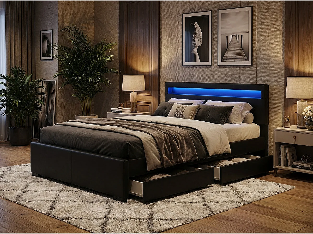 Lit adulte 160x200 cm noir avec tiroirs LED sommier inclus