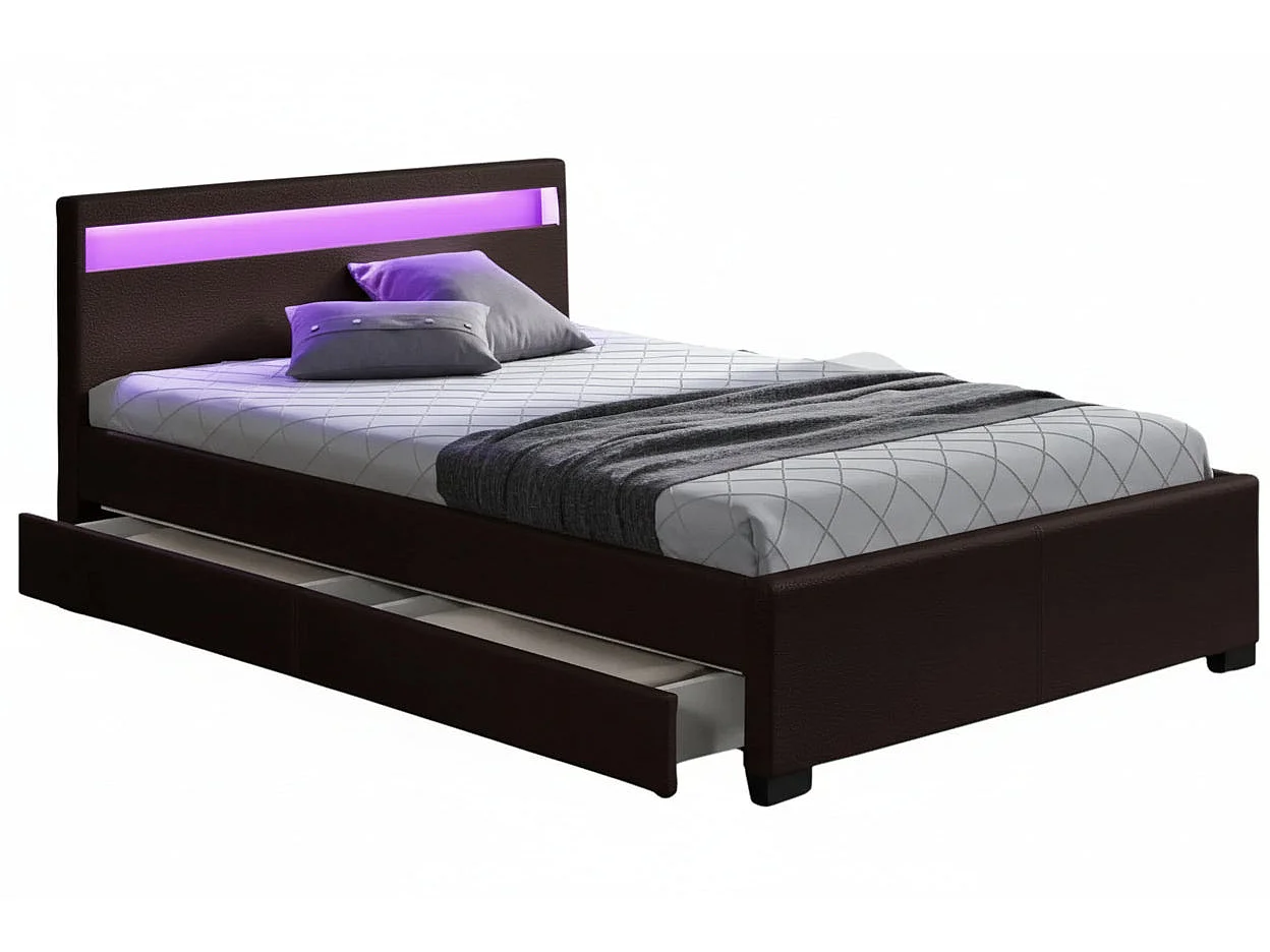 Lit adulte 160x200 cm noir avec tiroirs LED sommier inclus