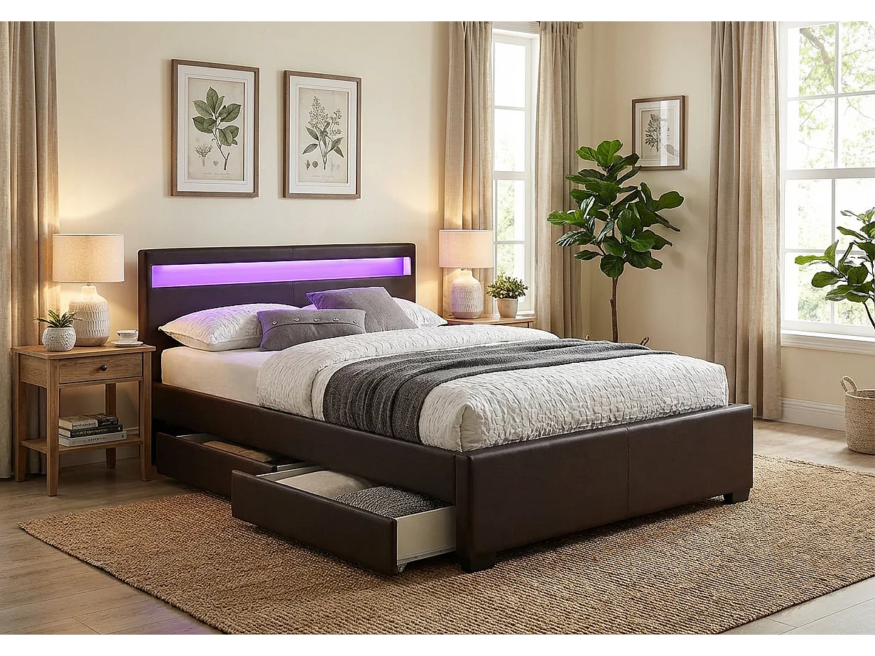 Lit adulte 160x200 cm noir avec tiroirs LED sommier inclus