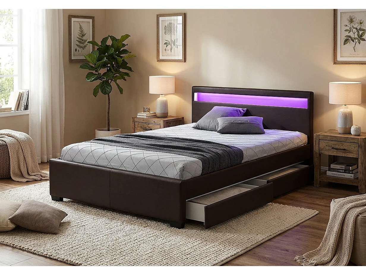Lit adulte 160x200 cm noir avec tiroirs LED sommier inclus