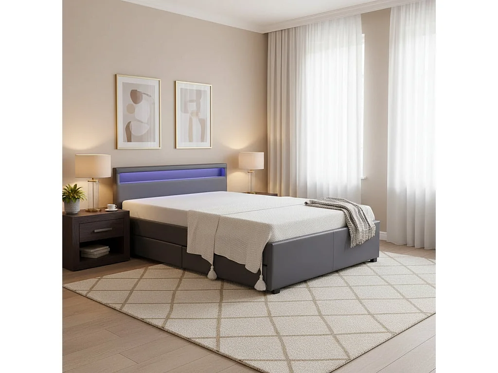 Lit adulte 160x200 cm TIROIRS et LED sommier inclus gris