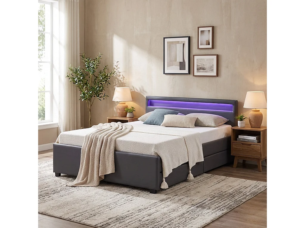 Lit adulte 160x200 cm gris avec tiroirs LED sommier inclus