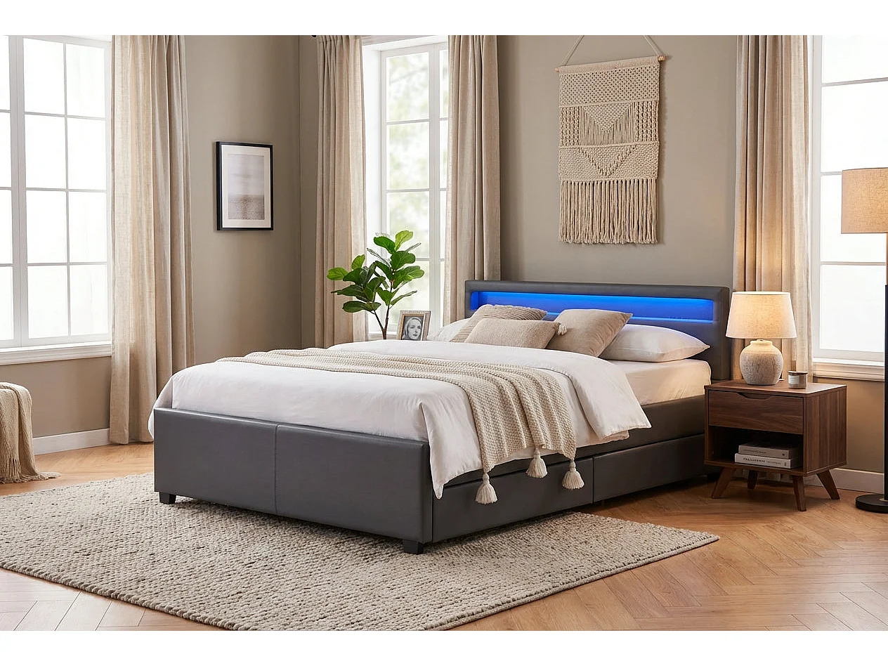 Lit adulte 160x200 cm gris avec tiroirs LED sommier inclus