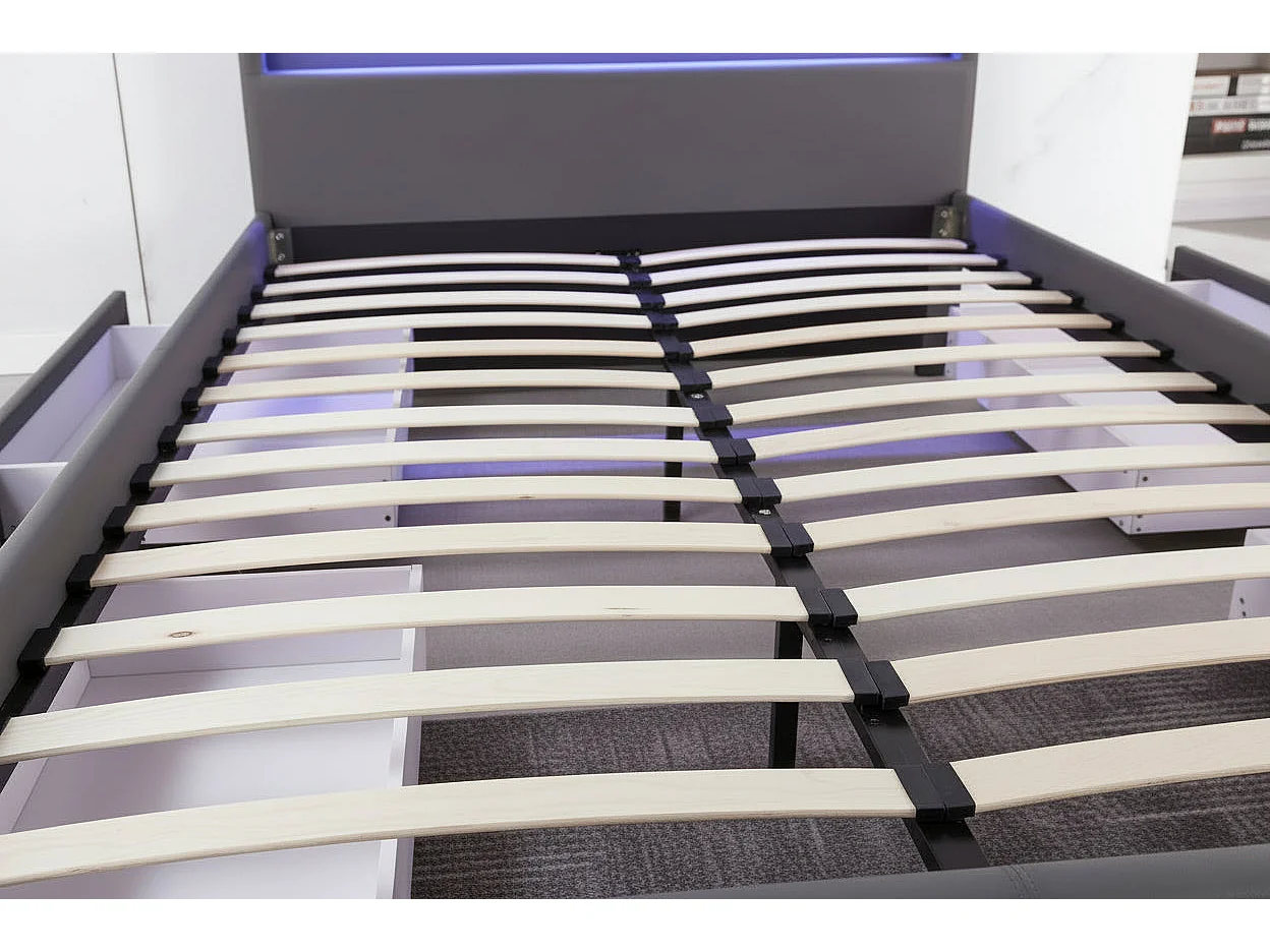 Lit adulte 160x200 cm gris avec tiroirs LED sommier inclus