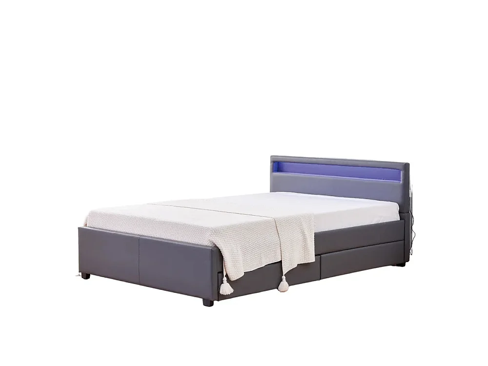 Lit adulte 160x200 cm gris avec tiroirs LED sommier inclus
