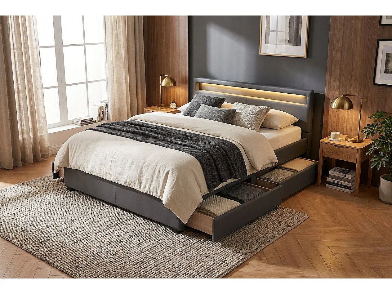 Lit adulte 160x200 cm gris avec tiroirs LED sommier inclus