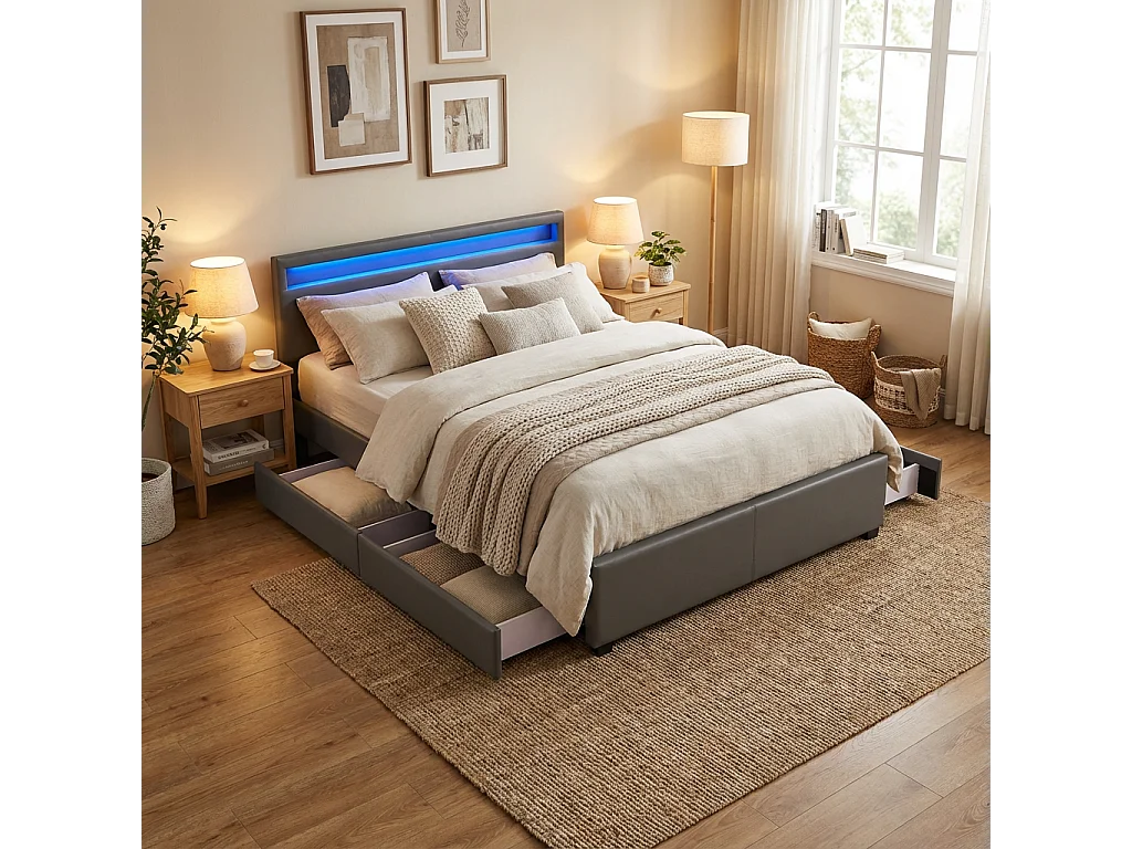 Lit adulte 160x200 cm gris avec tiroirs LED sommier inclus