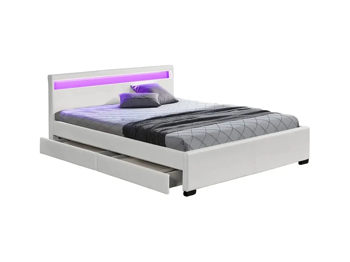 Lit adulte 160x200 cm TIROIRS et LED sommier inclus blanc