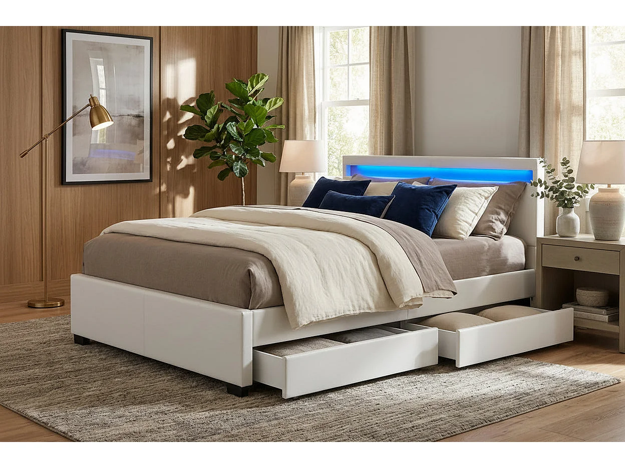 Lit adulte 160x200 cm blanc avec tiroirs LED sommier inclus