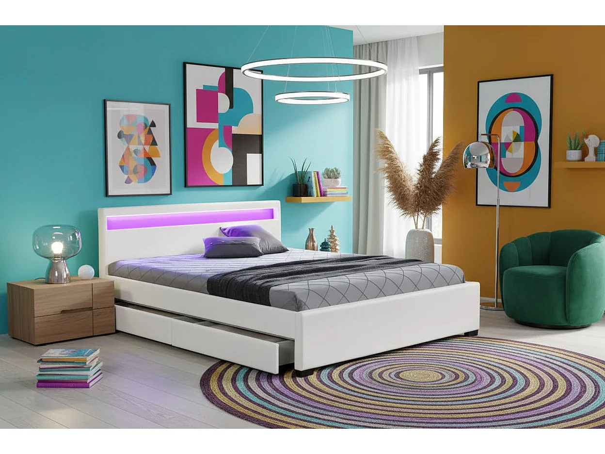 Lit adulte 160x200 cm blanc avec tiroirs LED sommier inclus