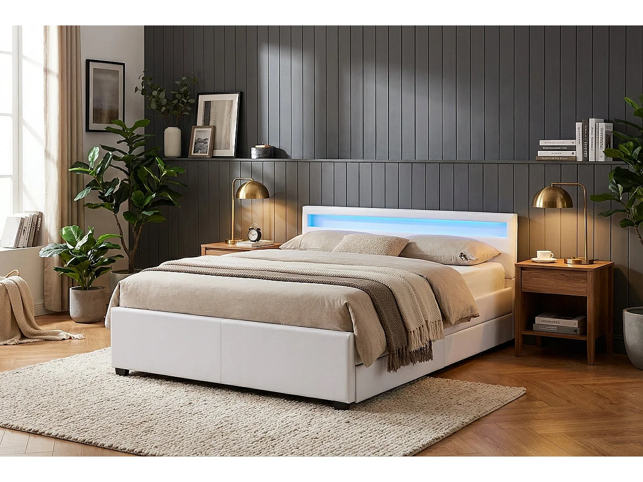 Lit adulte 160x200 cm blanc avec tiroirs LED sommier inclus