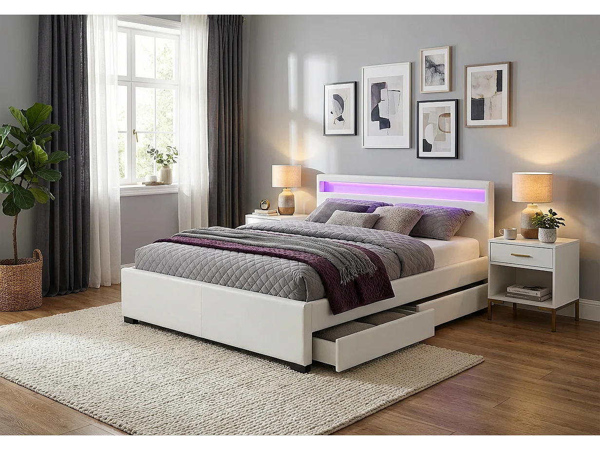 Lit adulte 160x200 cm blanc avec tiroirs LED sommier inclus