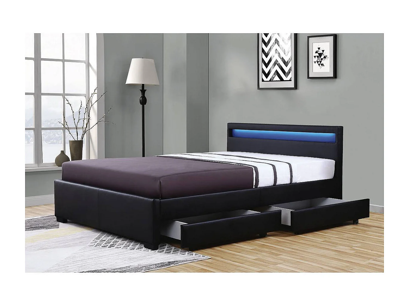 Lit 2 places 140x190 cm noir avec tiroirs LED sommier inclus