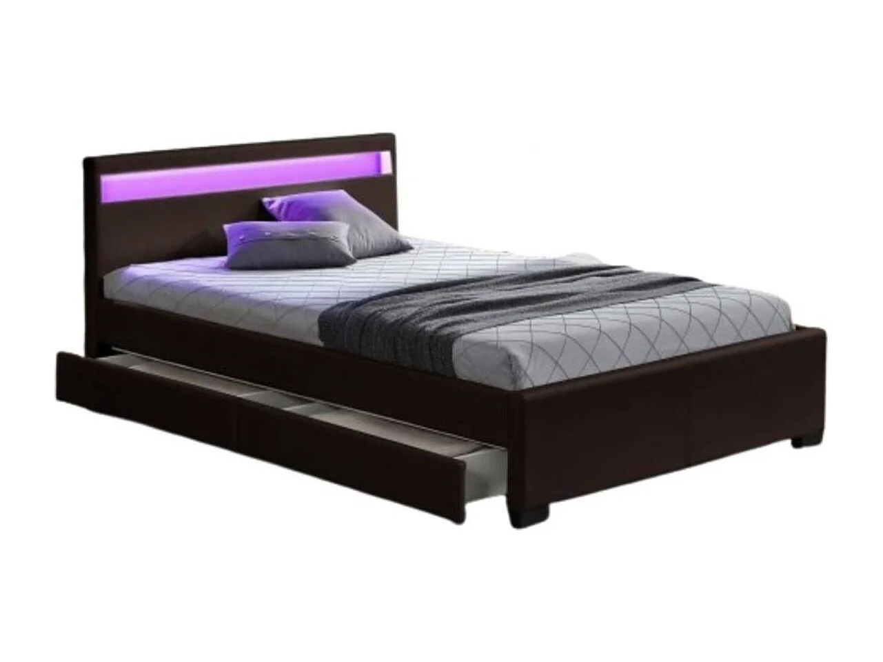 Lit 2 places 140x190 cm noir avec tiroirs LED sommier inclus