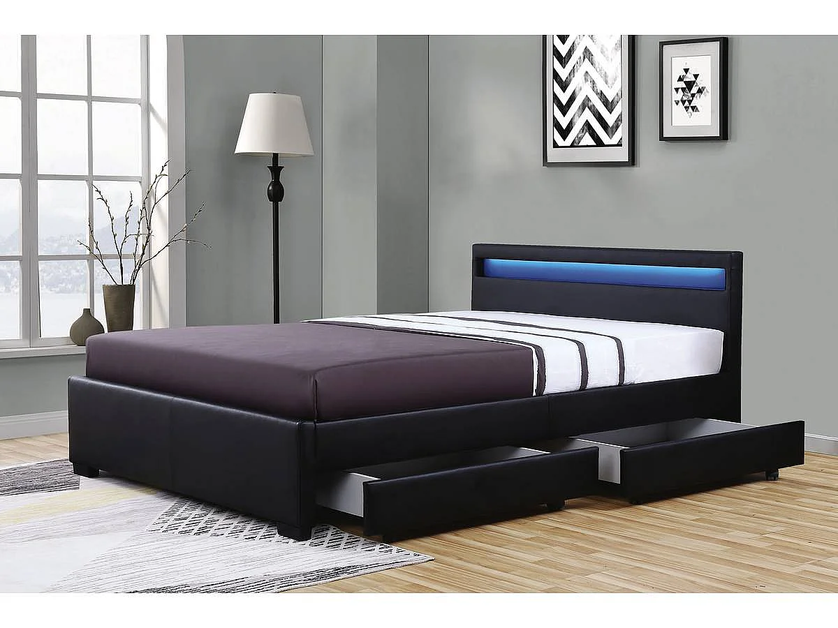Lit 2 places 140x190 cm noir avec tiroirs LED sommier inclus