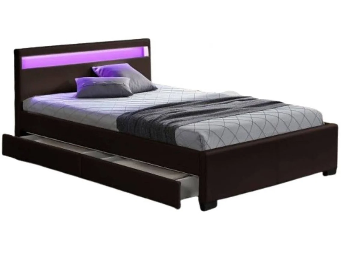 Lit 2 places 140x190 cm noir avec tiroirs LED sommier inclus