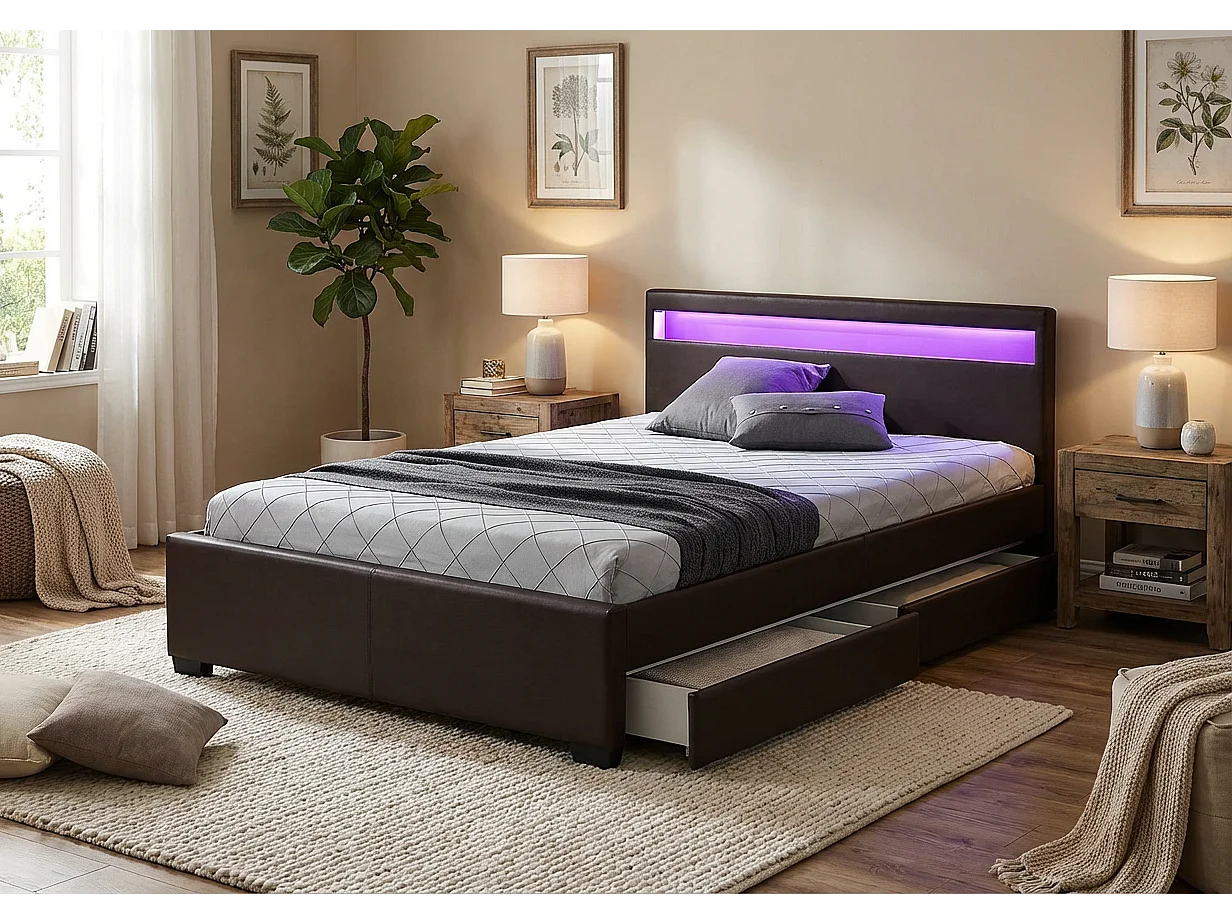 Lit 2 places 140x190 cm noir avec tiroirs LED sommier inclus