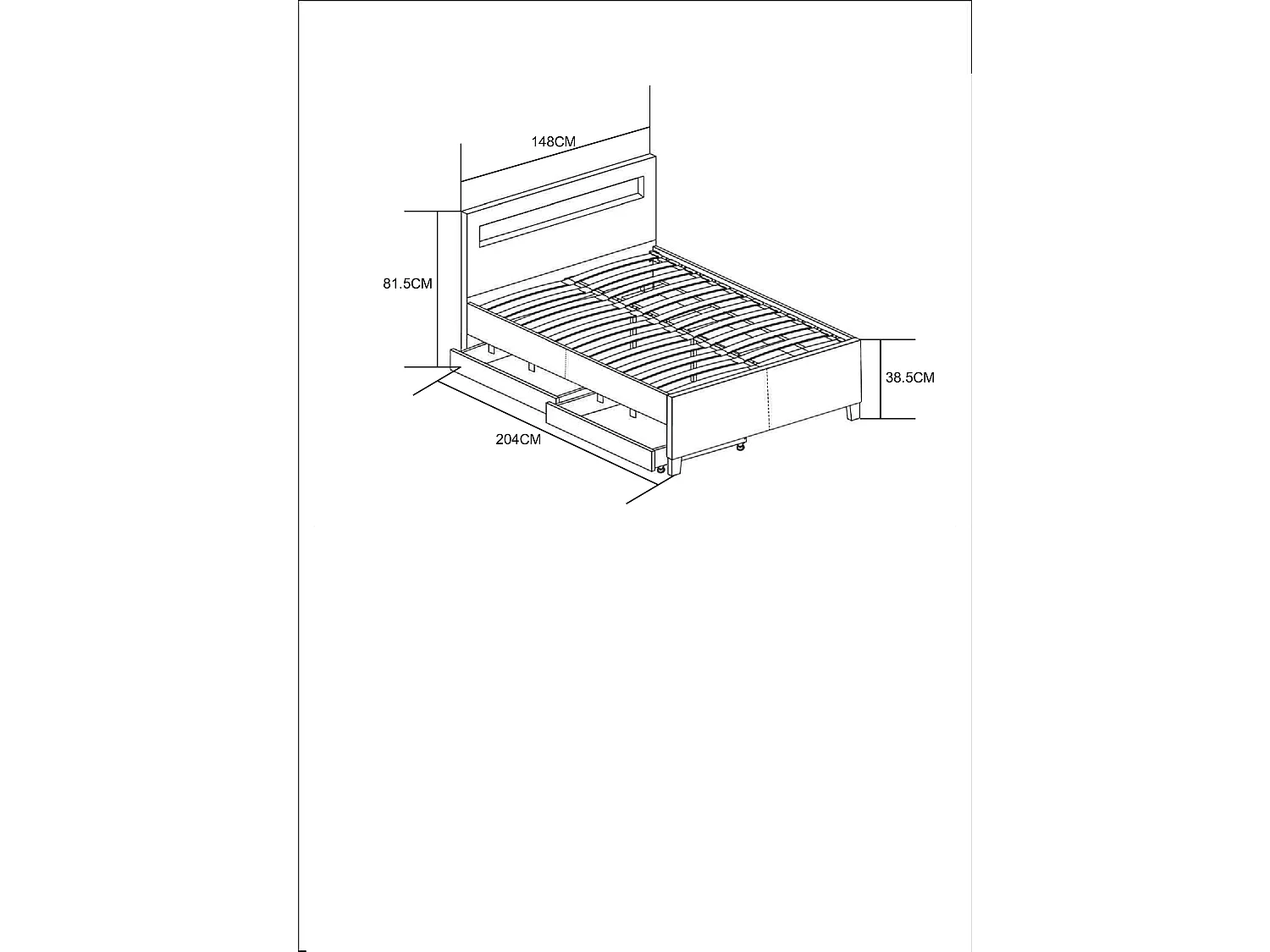 Lit 2 places 140x190 cm noir avec tiroirs LED sommier inclus