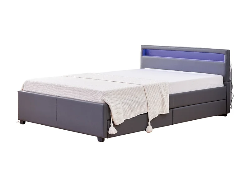 Lit 2 places 140x190 cm TIROIRS et LED sommier inclus gris