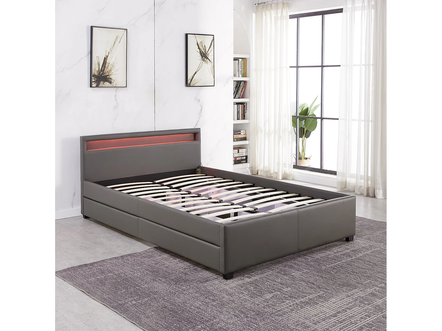 Lit 2 places 140x190 cm TIROIRS et LED sommier inclus gris