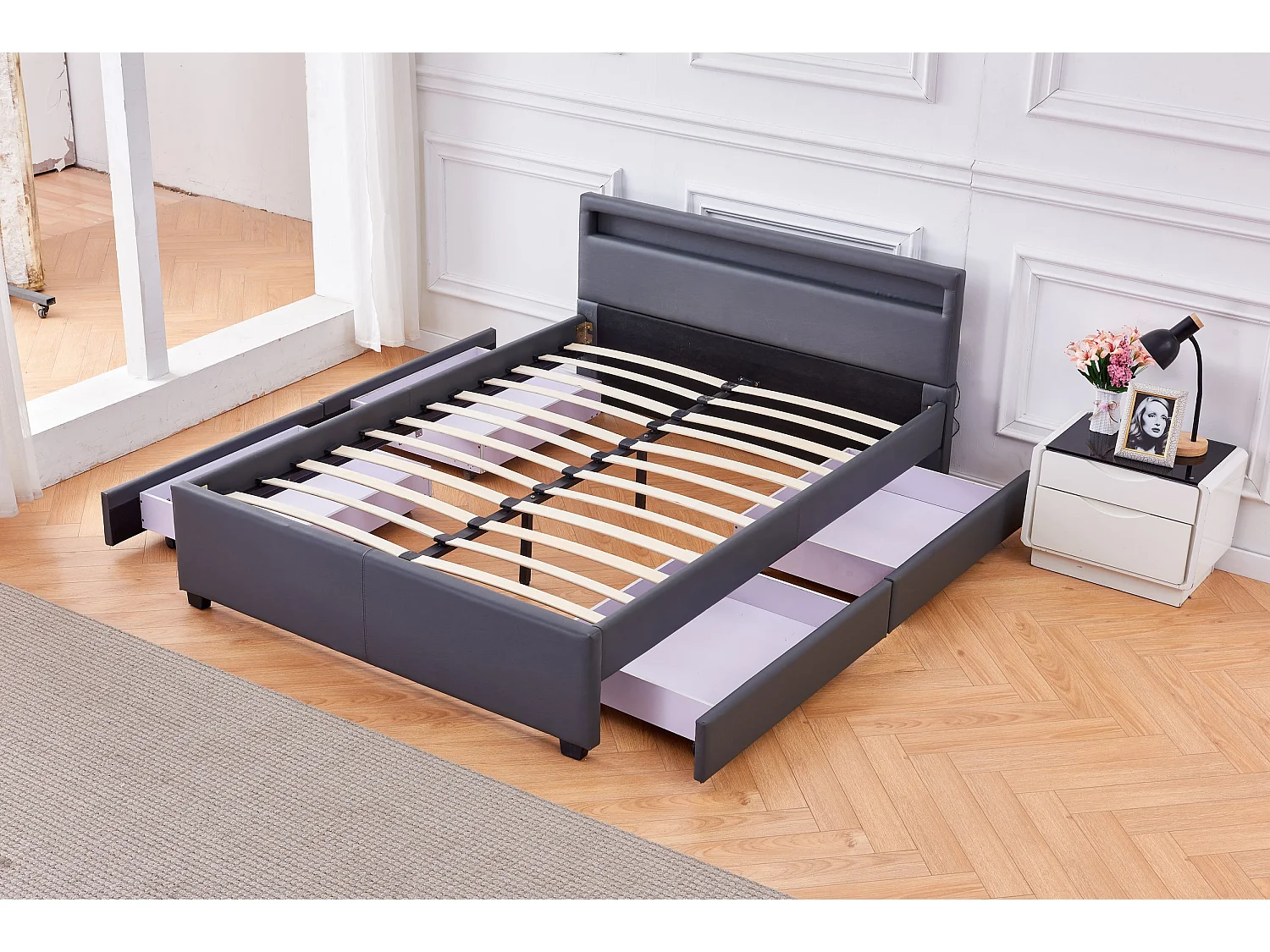 Lit 2 places 140x190 cm TIROIRS et LED sommier inclus gris