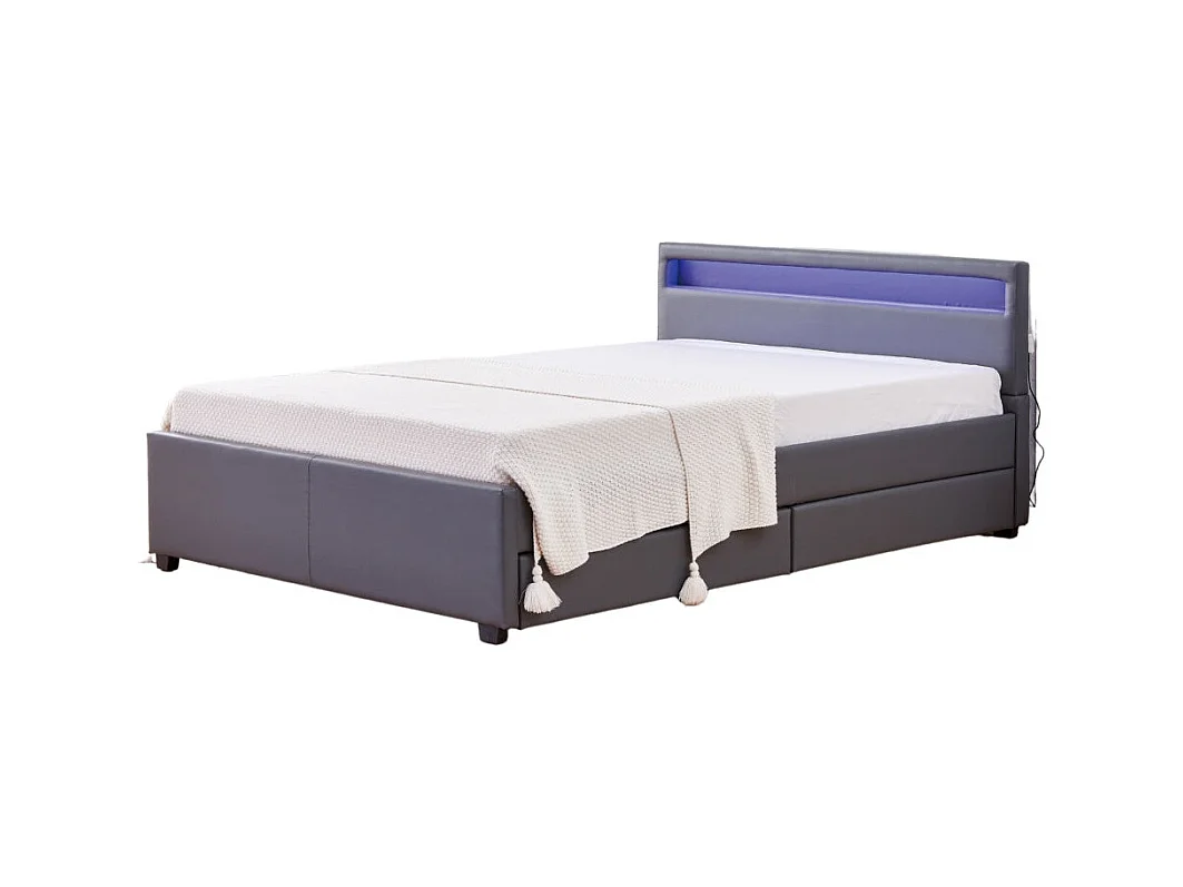 Lit 2 places 140x190 cm TIROIRS et LED sommier inclus