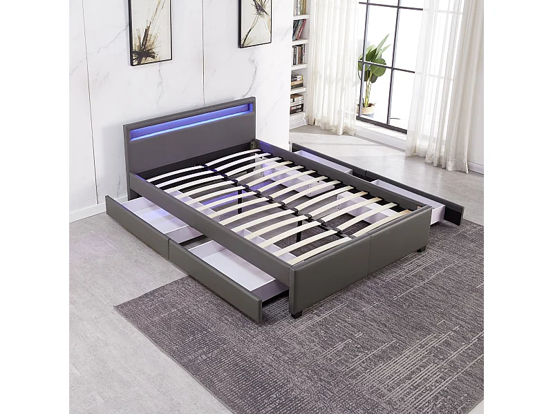 Lit adulte 2 places 140x190 cm gris avec tiroirs LED sommier inclus