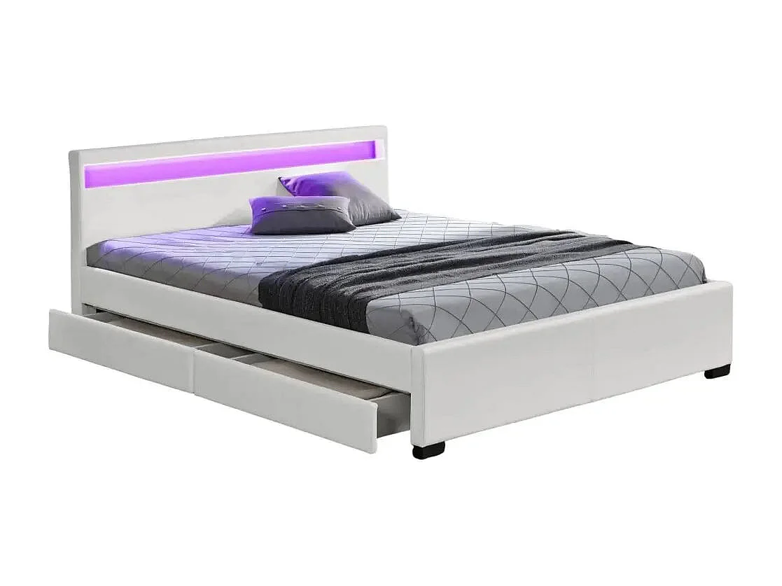 Lit adulte 2 places 140x190 cm blanc avec tiroirs LED sommier inclus