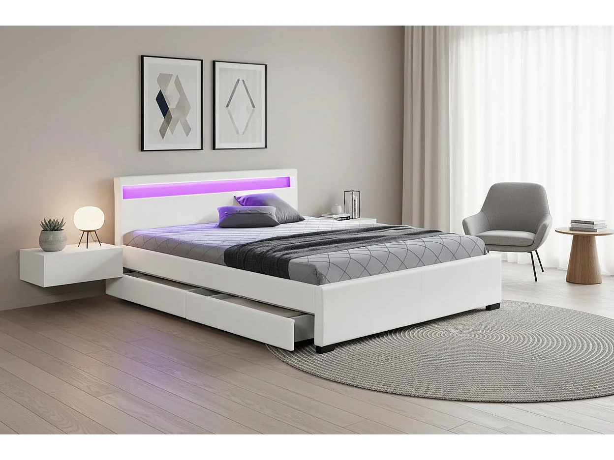 Lit adulte 2 places 140x190 cm blanc avec tiroirs LED sommier inclus