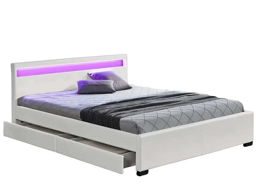 Lit adulte 2 places 140x190 cm blanc avec tiroirs LED sommier inclus