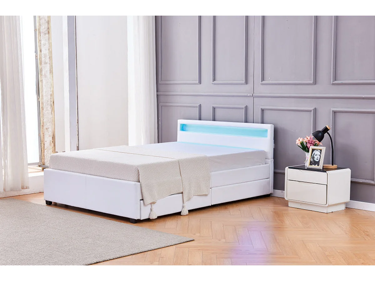 Lit adulte 2 places 140x190 cm blanc avec tiroirs LED sommier inclus